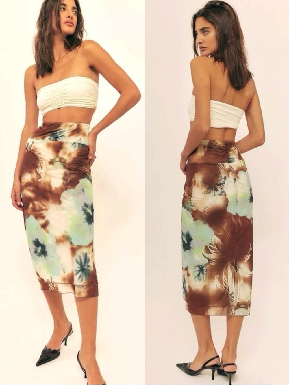 Free People Dainty Retro 90s Y2K Sunset Mesh Midi Skirt XL Jade Brown Floral